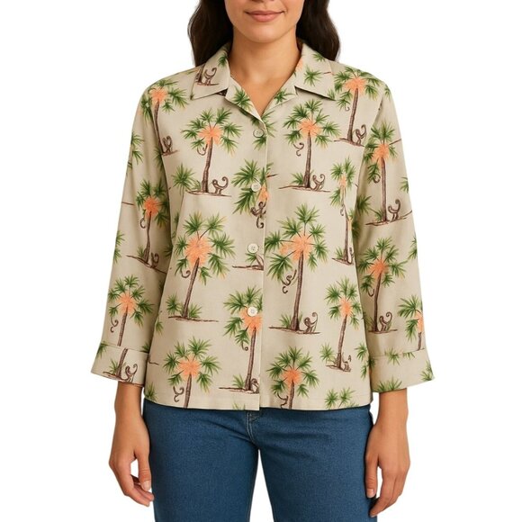 Silkland Womens Tropical Palm Tree Monkey Print Button-Down Shirt Top Size 10 - Picture 1 of 8